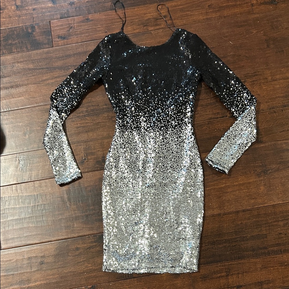 Revamped Black and Silver Sequin Long Sleeve Dress